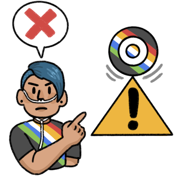 a person wearing a disability flag shirt, pointing sternly to a disability sun symbol with the disability flag overlaid, teetering on the top of a yellow caution sign. The speech bubble above them has a red X. The person has light brown skin, earrings, half shaved blue hair, and a nasal cannula